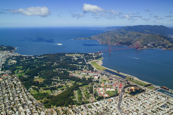 The Presidio of San Francisco with the Golden Gate Bridge and the Marin Headlands in the background